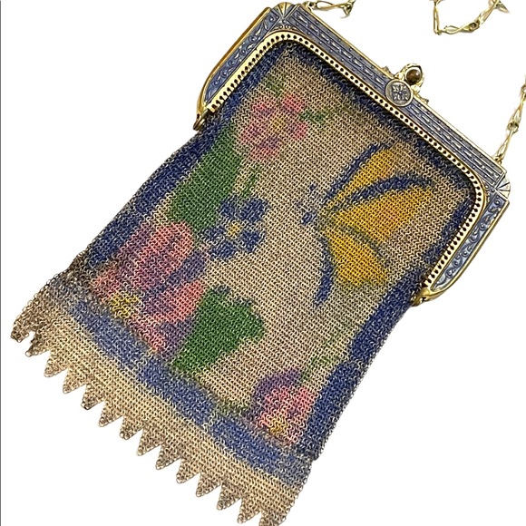 Antique Handbags - Antique 1900 early ornate metal mesh Butterfly purse Art Deco Whiting Davis